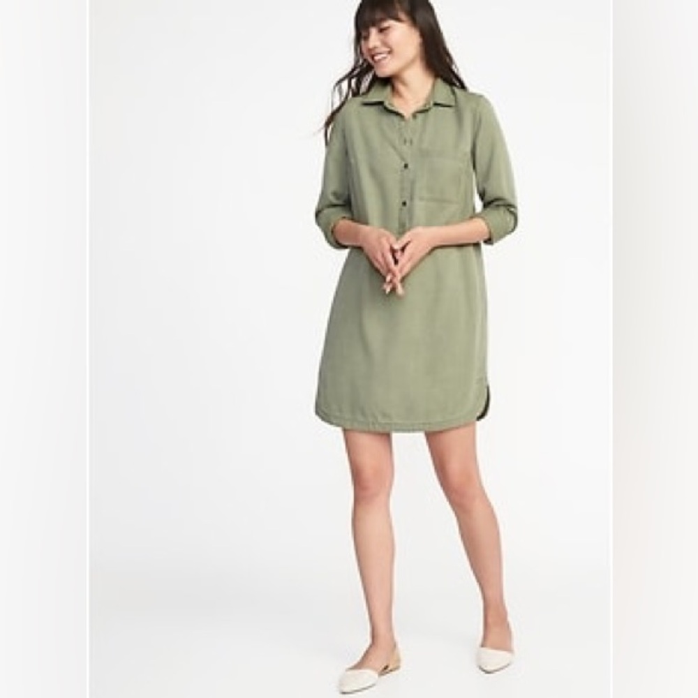 OLD NAVY Tencel Curved Hem Button Front Shirt Dress Moss Green Size Small NWT
